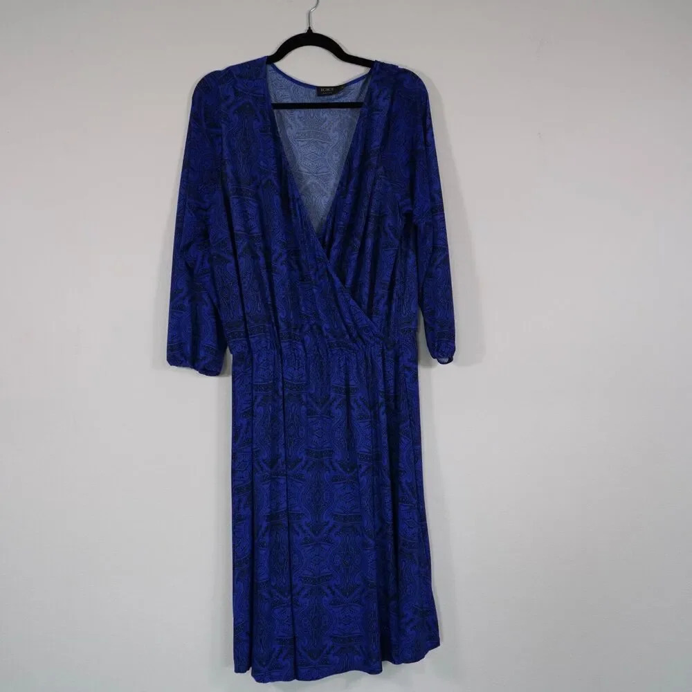 Igigi Royal Blue Print Faux Wrap Long Sleeve Dress Size 14/16